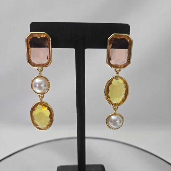 14k Gold Plated Elise Three Stone Statement Drop Earrings - Picture 1 of 3